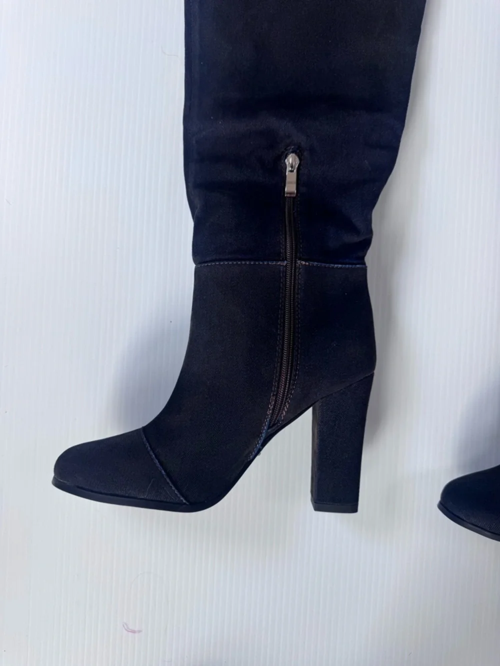 Azalea Wang Nanette Black Denim Thigh High Boots – Block Heel Sz 6,6.5,7,8, 8.5